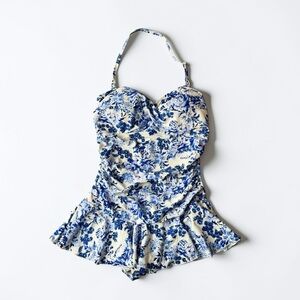 NWOT Shore Shapes Blue Toile Floral Swimdress One Piece Swimsuit Tummy Control